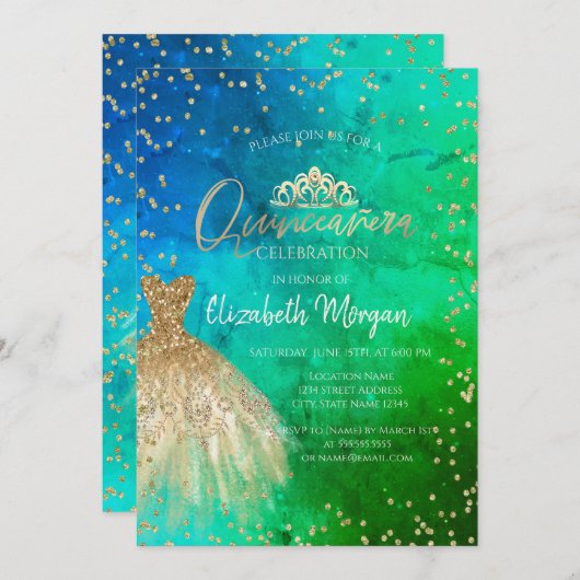 金ゴールドドレスティアラ、ダイアモンズグリーンブルーキンセアニラ 招待状 (正面/裏面)