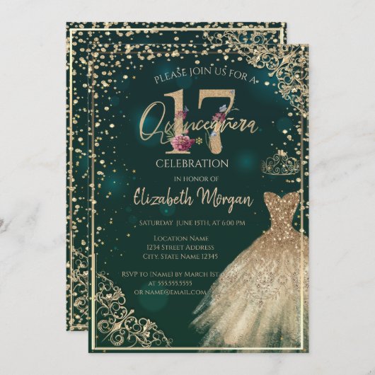 金ゴールドドレスティアラ、ダイアモンズフローラクインセアニラ 招待状 (正面/裏面)