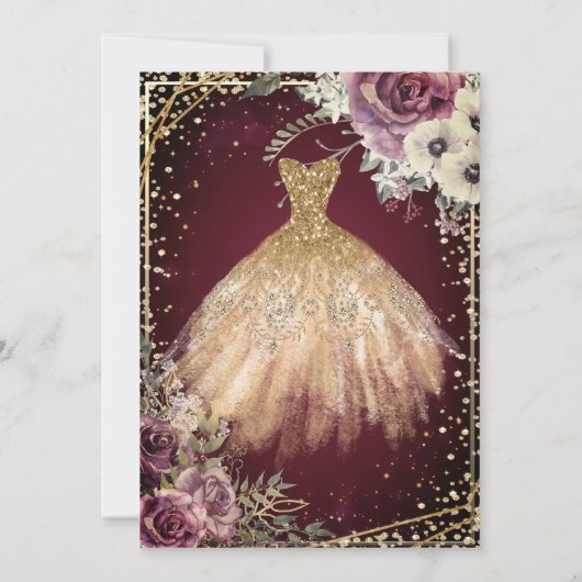 金ゴールドドレスティアラ、フローラブルガンディキンセアニラ 招待状 (裏面)