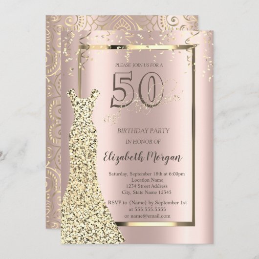 金ゴールドドレスバラ金ゴールド、金ゴールドマンダラ50誕生日 招待状 (正面/裏面)