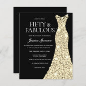 金ゴールドドレスフィフティ&ファブラス50th誕生日招待状 (正面/裏面)