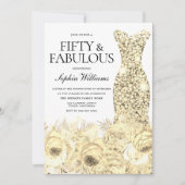 金ゴールドドレスフローラフィフティ&ファブラス50th誕生日 招待状 (正面)