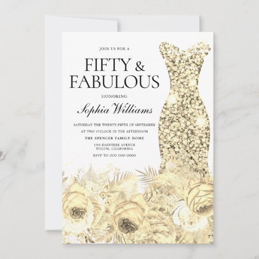金ゴールドドレスフローラフィフティ&ファブラス50th誕生日 招待状 (正面)