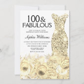 金ゴールドドレスフローラ100 & Fabulous 100誕生日 招待状 (正面)