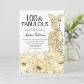 金ゴールドドレスフローラ100 & Fabulous 100誕生日 招待状 (スタンド正面)