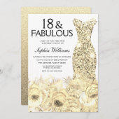 金ゴールドドレスフローラ18と素晴らしい18誕生日 招待状 (正面/裏面)