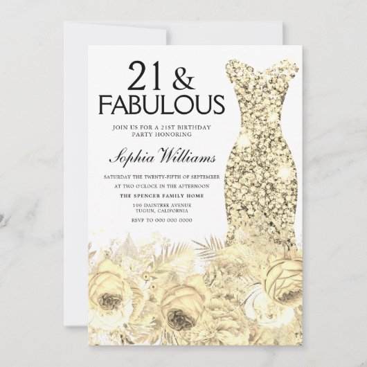 金ゴールドドレスフローラ21と素晴らしい21歳の誕生日 招待状 (正面)