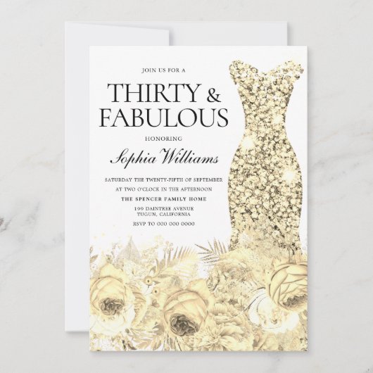 金ゴールドドレスフローラ30歳と素晴らしい30歳の誕生日 招待状 (正面)