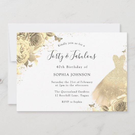 金ゴールドドレスフローラ40th誕生日40と素晴らしい 招待状 (正面)
