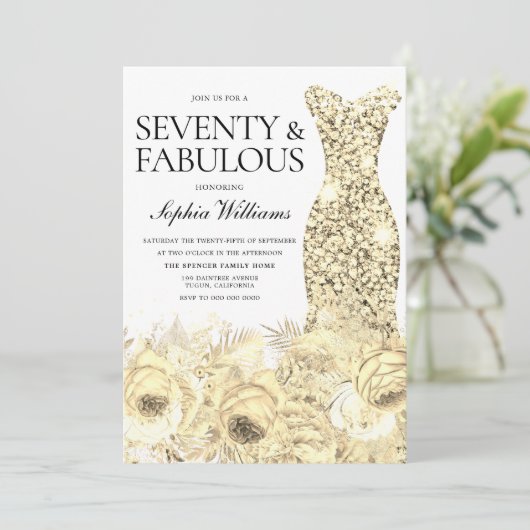 金ゴールドドレスフローラ70th誕生日 招待状 (スタンド正面)