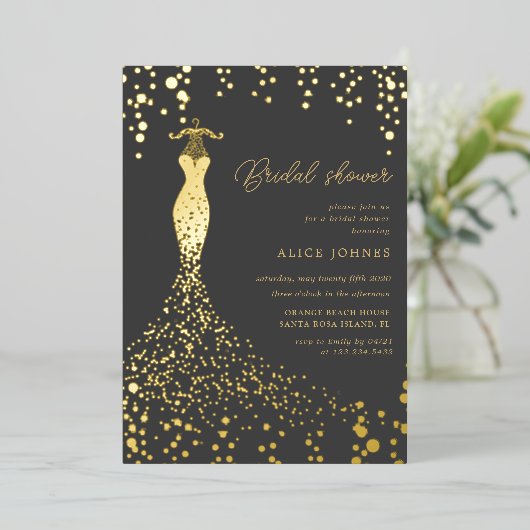 金ゴールドドレスブライダルシャワーフォイル招待状 箔招待状 (立ち正面)