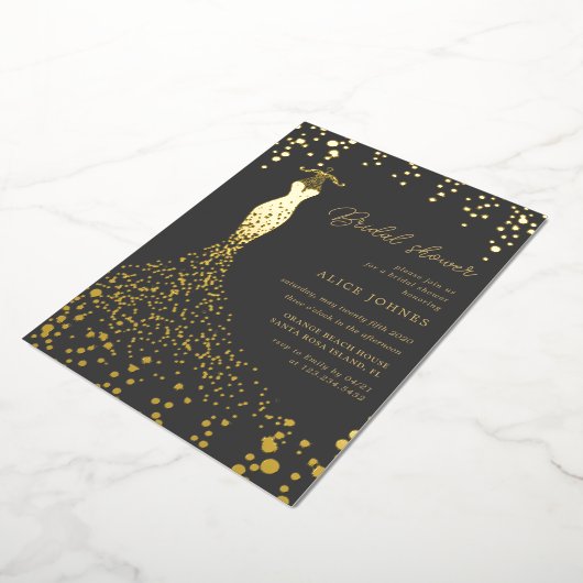 金ゴールドドレスブライダルシャワーフォイル招待状 箔招待状 (回転した状態)