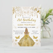 金ゴールドドレスブロンドヘアプリンセス誕生日 招待状 (スタンド正面)