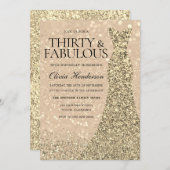 金ゴールドドレス女性30th誕生日パーティースパークル 招待状 (正面/裏面)