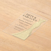 金ゴールドドレス女性50thバースデーパーティー アクリル招待状 (レイダウン)