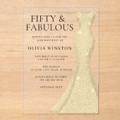 金ゴールドドレス女性50thバースデーパーティー アクリル招待状 (正面)