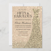 金ゴールドドレス女性50th誕生日パーティスパークル 招待状 (正面)