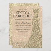 金ゴールドドレス女性60th誕生日パーティスパークル 招待状 (正面/裏面)