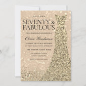 金ゴールドドレス女性70th誕生日パーティスパークル 招待状 (正面)
