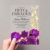 金ゴールドドレス紫の花50th誕生日パーティー アクリル招待状 (インサイチュ (ポータブル))