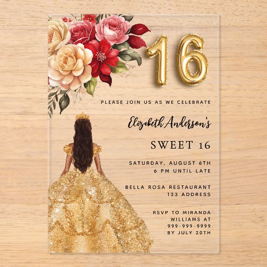 金ゴールドドレス赤花模様バラ 澄ん アクリル招待状 (正面)