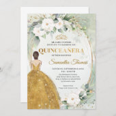 金ゴールドドレス金ゴールドティアラクラウンホワイトローズ緑 招待状 (正面/裏面)