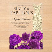 金ゴールドドレス60th誕生日パーティパープルフラワー アクリル招待状 (正面)