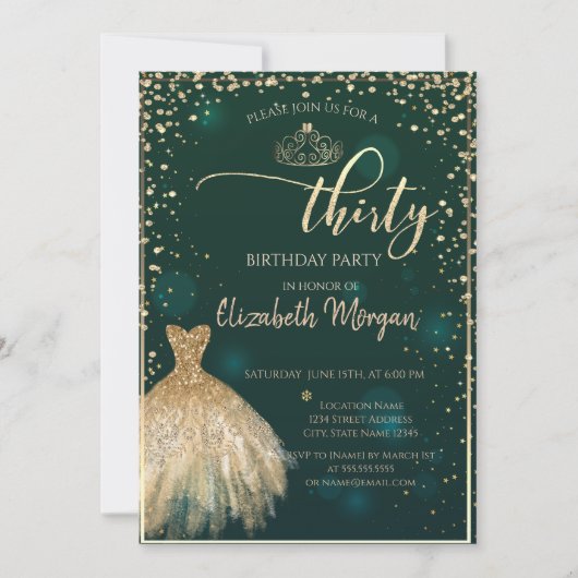 金ゴールドドレス、ダイアモンズグリーン30th誕生日パーティー 招待状 (正面)