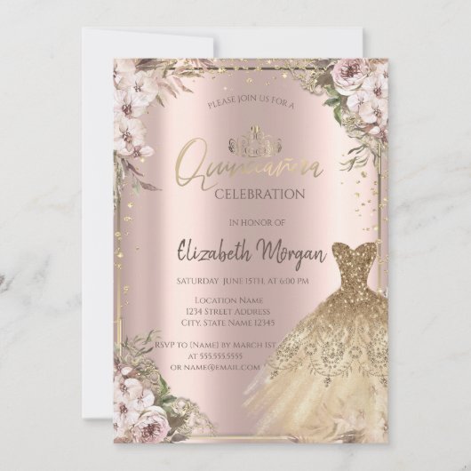 金ゴールドドレス、ダイアモンズボホフラワーズキンセアニラ 招待状 (正面)