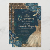 金ゴールドドレス、バラ、ティアラ、ダイアモンズグリーンキンセアニラ 招待状 (正面/裏面)