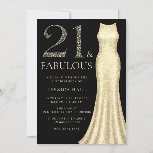 金ゴールドドレス&ブラック女性21st誕生日パーティー 招待状 (正面)