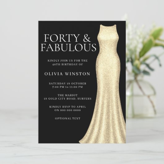 金ゴールドドレス&ブラック女性40th誕生日パーティー 招待状 (スタンド正面)