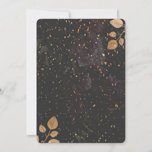 金ゴールドドレス、紙吹雪ダークバラブライダルシャワー 招待状 (裏面)