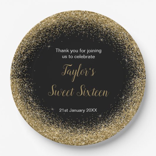 金ゴールドドレフェイクスグリッタースウィート16誕生日 ペーパープレート (正面)