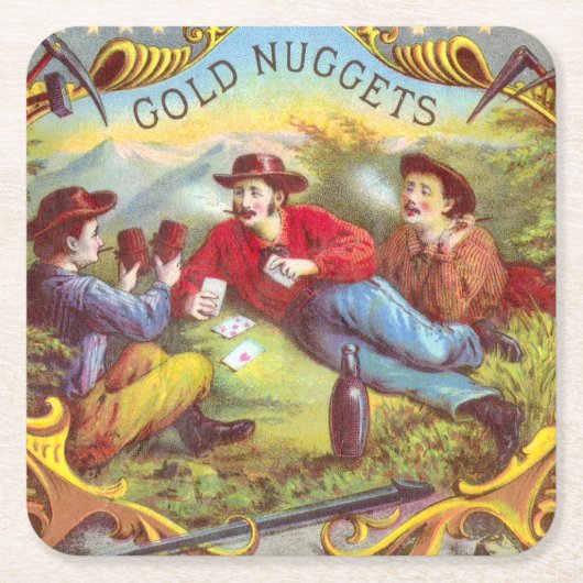 金ゴールドナゲッツアンティークシガーラベル スクエアペーパーコースター (正面)