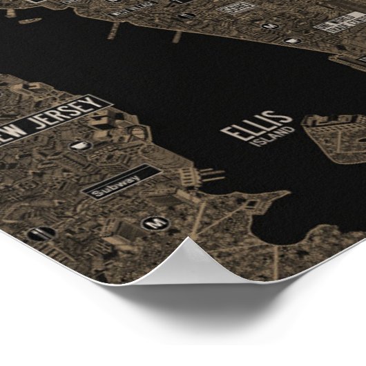 金ゴールドニューヨークシティマップ詳細建物 ポスター (角)