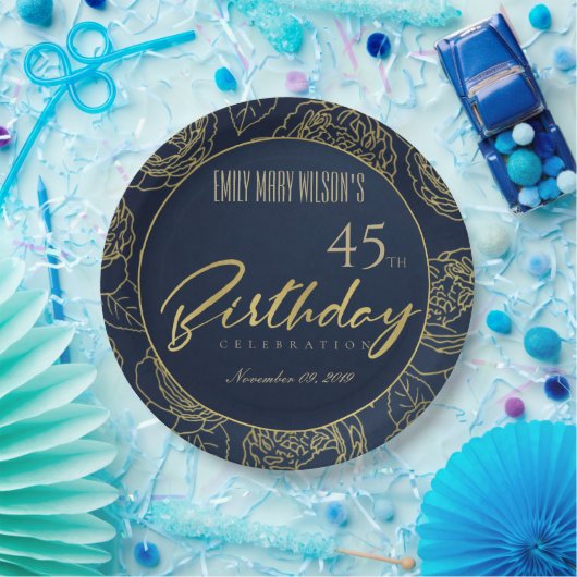 金ゴールドネイビエレガントバラフローラ任意の年齢誕生日 ペーパープレート (パーティー)