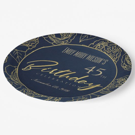 金ゴールドネイビエレガントバラフローラ任意の年齢誕生日 ペーパープレート (アングル)