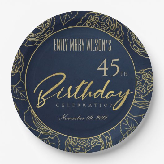 金ゴールドネイビエレガントバラフローラ任意の年齢誕生日 ペーパープレート (正面)