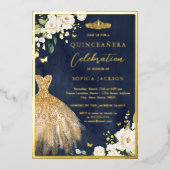 金ゴールドネイビエレガントーフローラティアラドレスキンセアニェラ 箔招待状 (正面)