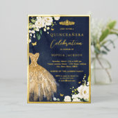 金ゴールドネイビエレガントーフローラティアラドレスキンセアニェラ 箔招待状 (立ち正面)