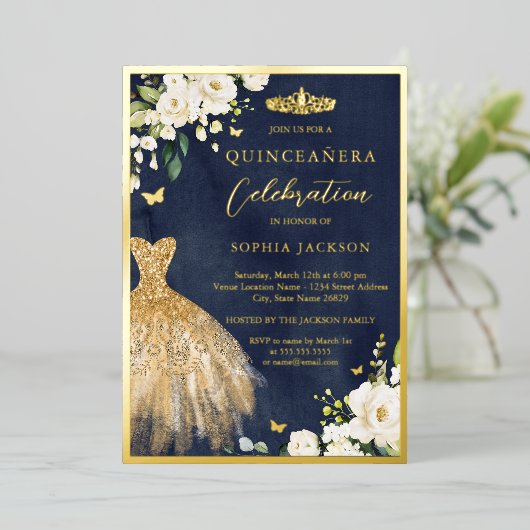 金ゴールドネイビエレガントーフローラティアラドレスキンセアニェラ 箔招待状 (立ち正面)