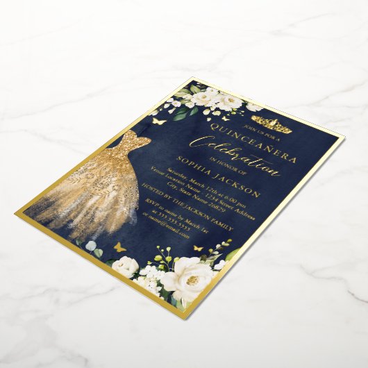 金ゴールドネイビエレガントーフローラティアラドレスキンセアニェラ 箔招待状 (回転した状態)