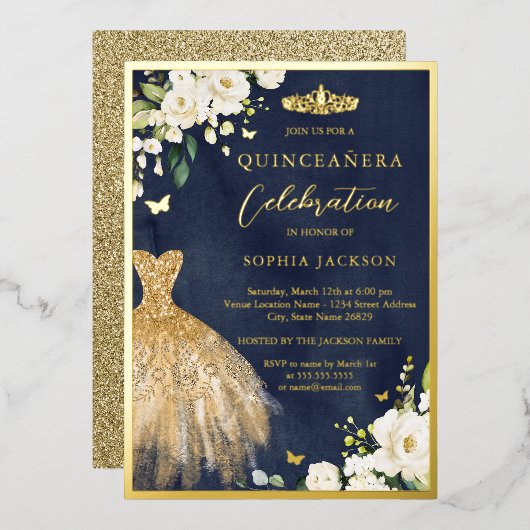 金ゴールドネイビエレガントーフローラティアラドレスキンセアニェラ 箔招待状 (正面/裏面)