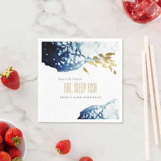 金ゴールドネイビーアンダーウォーターフィッシュエイジ誕生日招待状 スタンダードカクテルナプキン (インサイチュ)