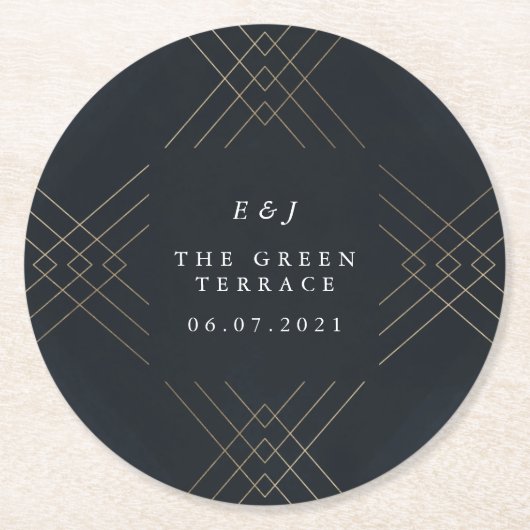 金ゴールドネイビーエレガンスダイアモンドジオデコ結婚ズ ラウンドペーパーコースター (正面)