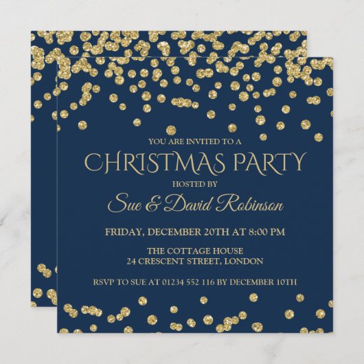 金ゴールドネイビーエレガントグリッタークリスマスホリデーパーティー 招待状 (正面/裏面)