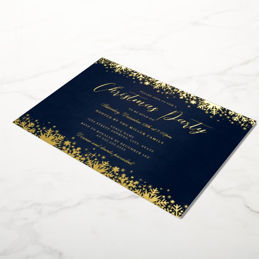 金ゴールドネイビーエレガントスノーフレーククリスマスパーティー 箔招待状 (回転した状態)