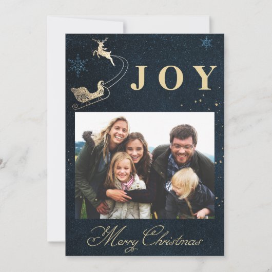 金ゴールドネイビーエレガントブルースカイ写真ファミリークリスマス シーズンカード (正面)