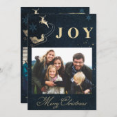 金ゴールドネイビーエレガントブルースカイ写真ファミリークリスマス シーズンカード (正面/裏面)